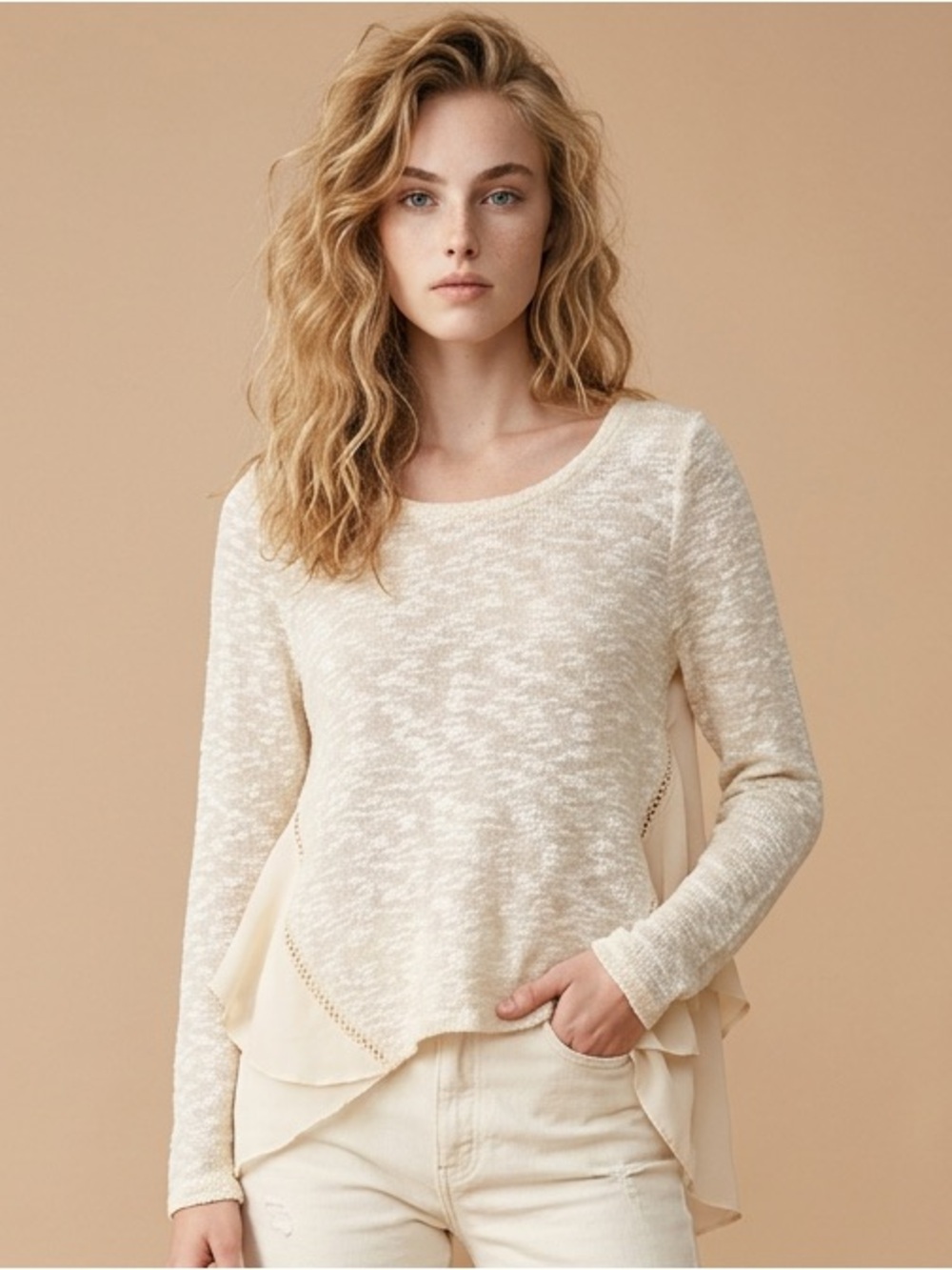 Entro Cotton On Womens Ivory Scoop Neck Knit Ruffle Pullover Sweater LS S